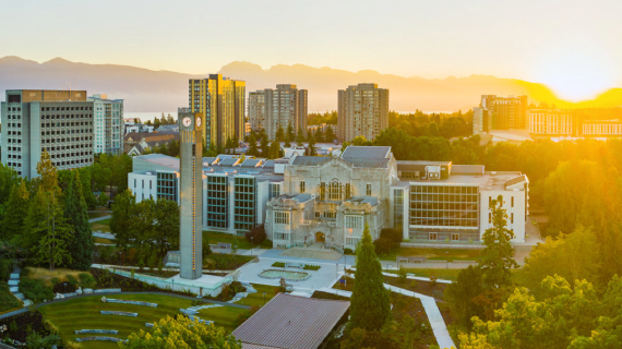 Aerial shot of UBC's Vancouver campus at sunrise
