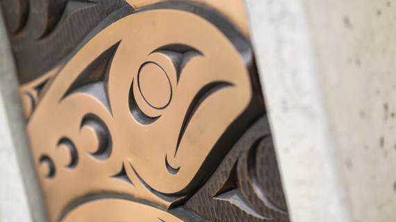 Cast-bronze Indigenous carving by Musqueam artist Brent Sparrow on the UBC Vancouver campus